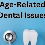 Illustration showing common age-related dental issues with tooth, toothbrush, and dental tools